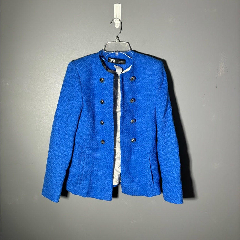 Zara Bluish Round Collar Gold Button Textured Blazer Size Small - Picture 3 of 5